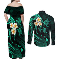Polynesian Hawaii Couples Off Shoulder Maxi Dress and Long Sleeve Button Shirts Kauai Islands with Pacific Plumeria Turquoise Vibe LT9 - Polynesian Pride