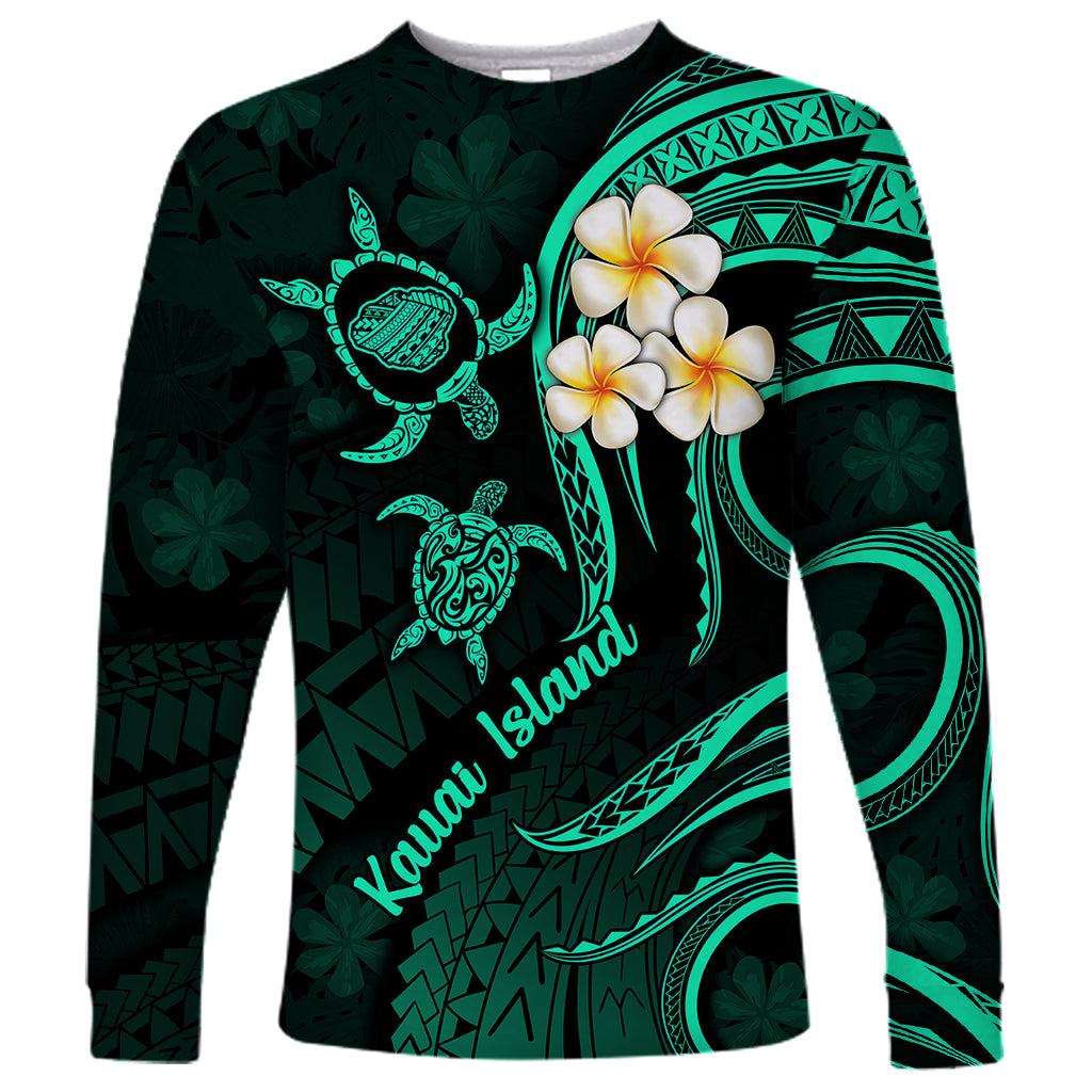 Polynesian Hawaii Long Sleeve Shirt Kauai Islands with Pacific Plumeria Turquoise Vibe LT9 Unisex Turquoise - Polynesian Pride