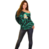 Polynesian Hawaii Off Shoulder Sweater Kauai Islands with Pacific Plumeria Turquoise Vibe LT9 - Polynesian Pride