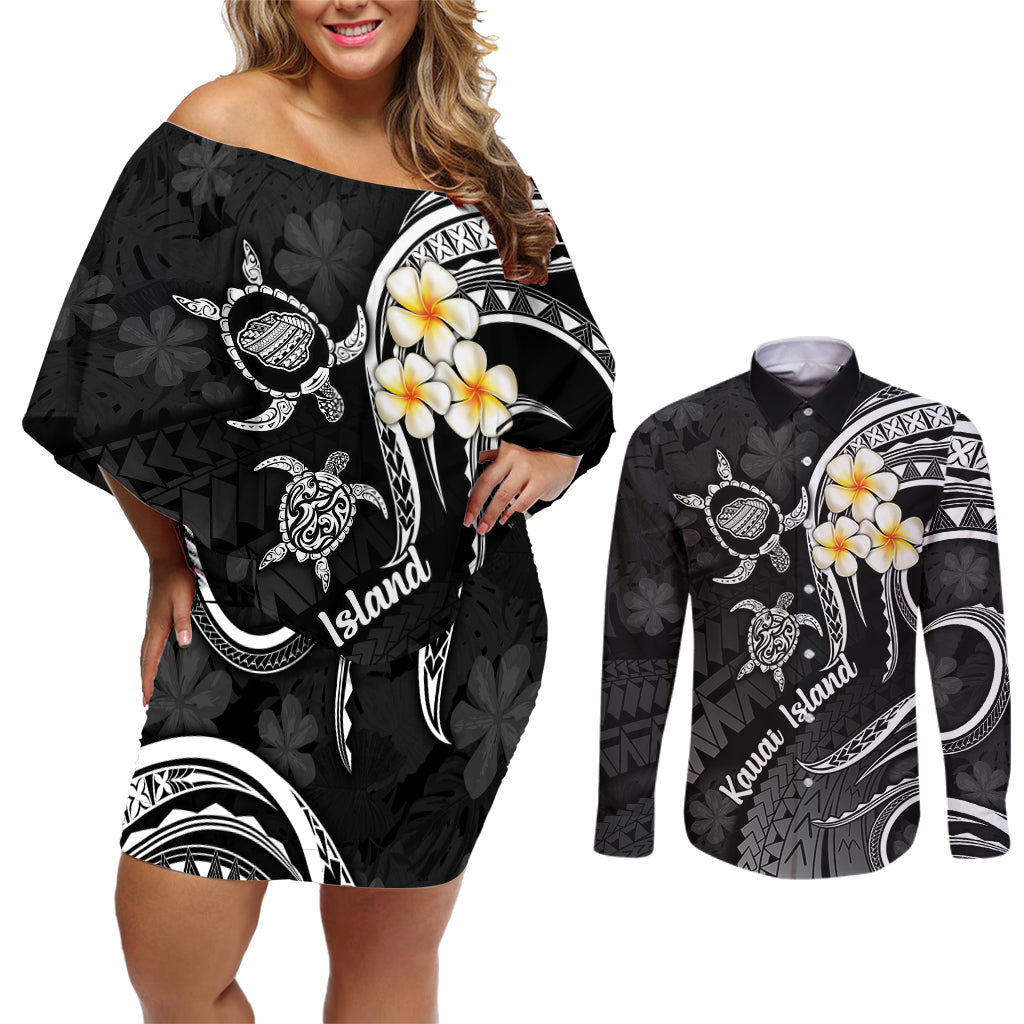 Polynesian Hawaii Couples Off Shoulder Short Dress and Long Sleeve Button Shirts Kauai Islands with Pacific Plumeria White Vibe LT9 White - Polynesian Pride