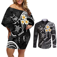 Polynesian Hawaii Couples Off Shoulder Short Dress and Long Sleeve Button Shirts Kauai Islands with Pacific Plumeria White Vibe LT9 White - Polynesian Pride