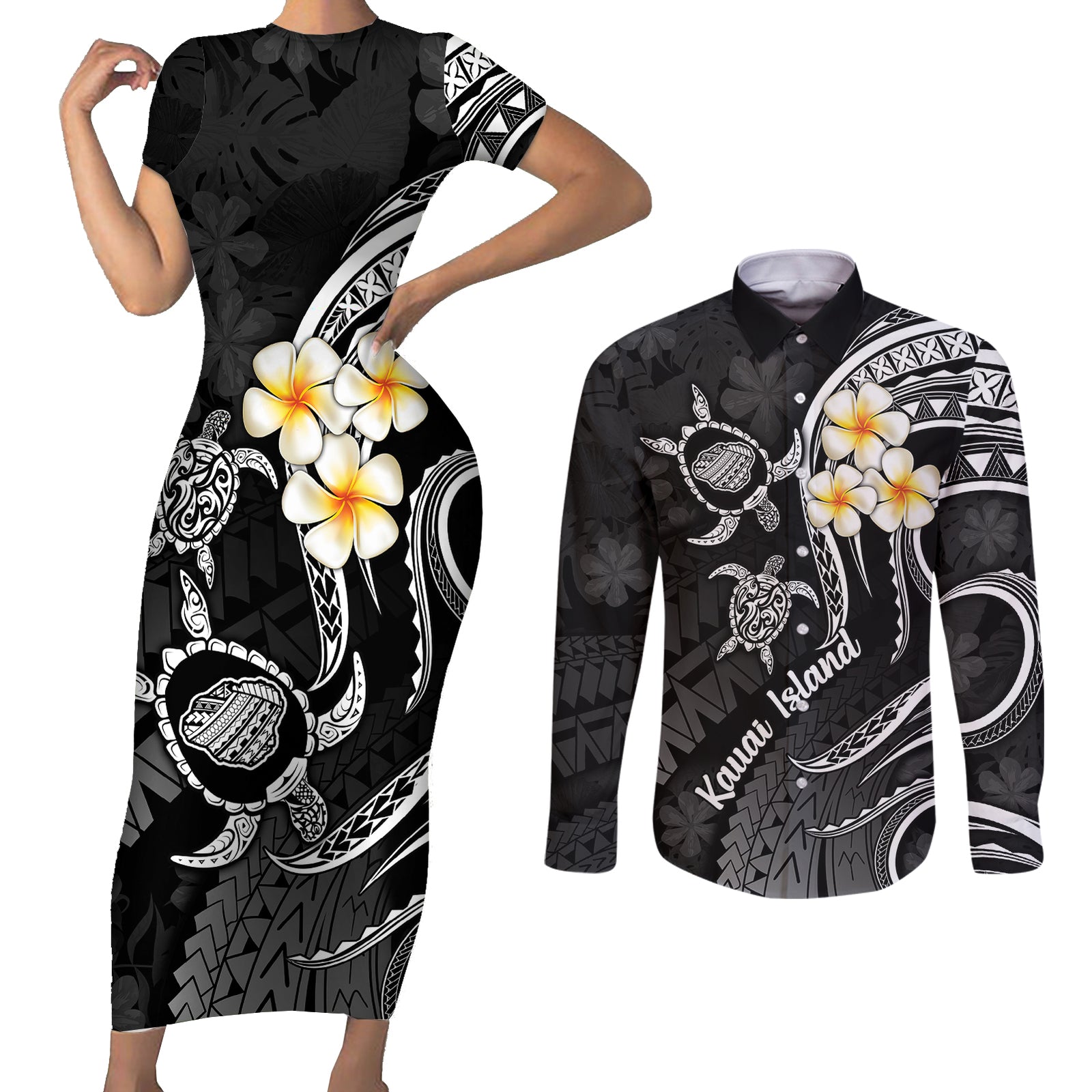 Polynesian Hawaii Couples Short Sleeve Bodycon Dress and Long Sleeve Button Shirts Kauai Islands with Pacific Plumeria White Vibe LT9 White - Polynesian Pride