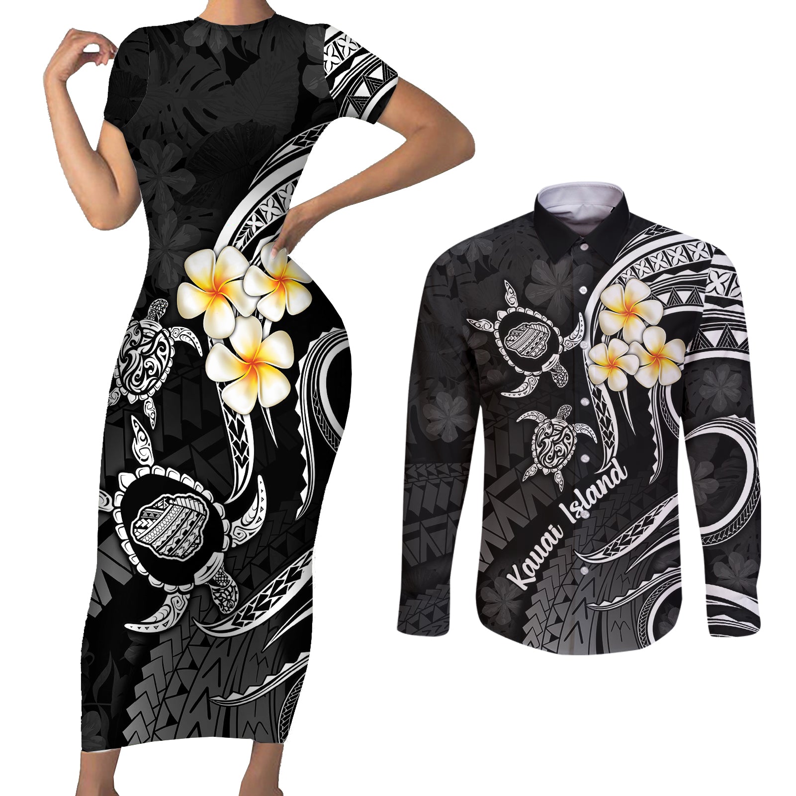 Polynesian Hawaii Couples Short Sleeve Bodycon Dress and Long Sleeve Button Shirts Kauai Islands with Pacific Plumeria White Vibe LT9 White - Polynesian Pride