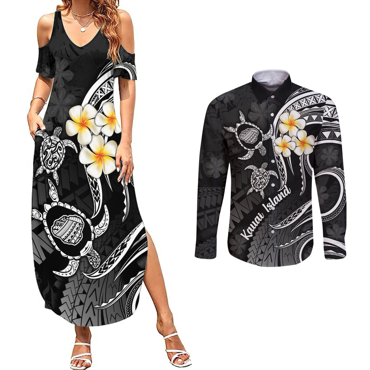 Polynesian Hawaii Couples Summer Maxi Dress and Long Sleeve Button Shirts Kauai Islands with Pacific Plumeria White Vibe LT9 White - Polynesian Pride