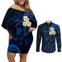 Hawaii Couples Off Shoulder Short Dress and Long Sleeve Button Shirts Kahoolawe Islands Polynesian Sunset Plumeria LT9 Blue - Polynesian Pride