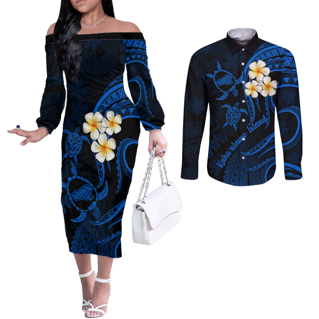 Hawaii Couples Off The Shoulder Long Sleeve Dress and Long Sleeve Button Shirts Kahoolawe Islands Polynesian Sunset Plumeria LT9 Blue - Polynesian Pride