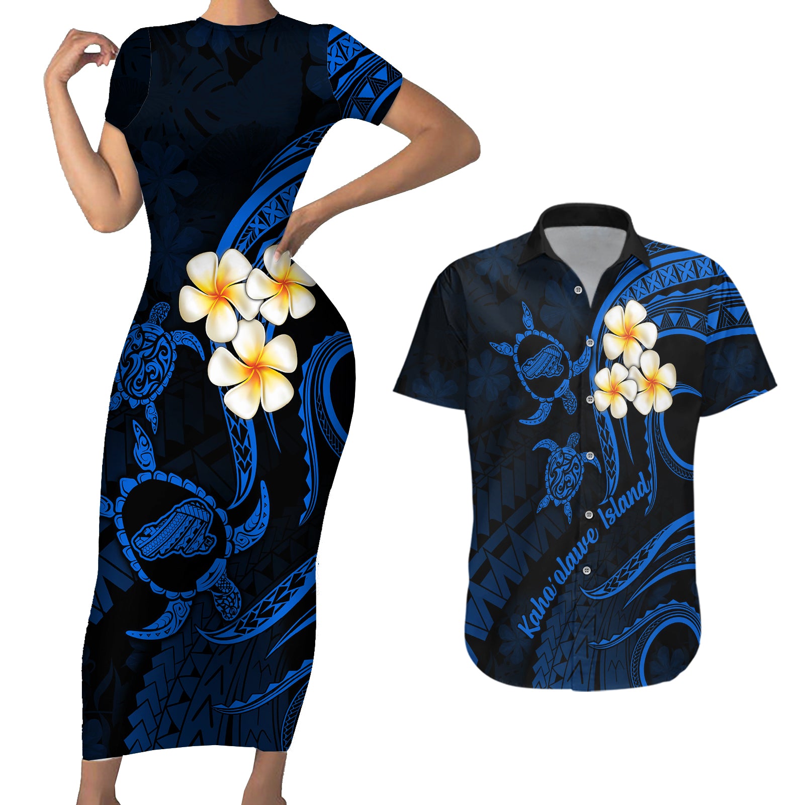 Hawaii Couples Short Sleeve Bodycon Dress and Hawaiian Shirt Kahoolawe Islands Polynesian Sunset Plumeria LT9 Blue - Polynesian Pride