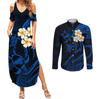 Hawaii Couples Summer Maxi Dress and Long Sleeve Button Shirts Kahoolawe Islands Polynesian Sunset Plumeria LT9 Blue - Polynesian Pride