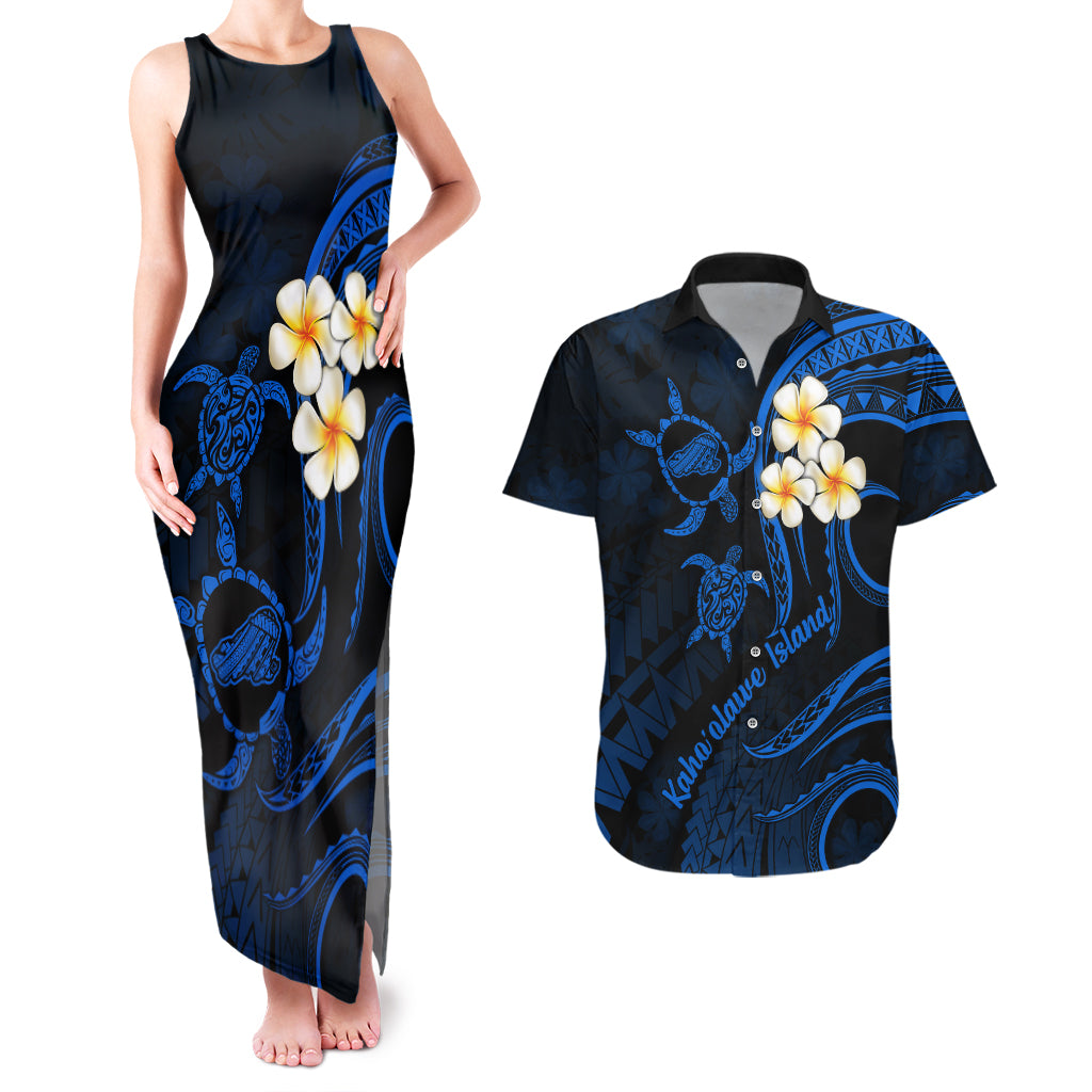 Hawaii Couples Matching Tank Maxi Dress And Hawaiian Shirt Kahoolawe Islands Polynesian Sunset Plumeria LT9 Blue - Polynesian Pride