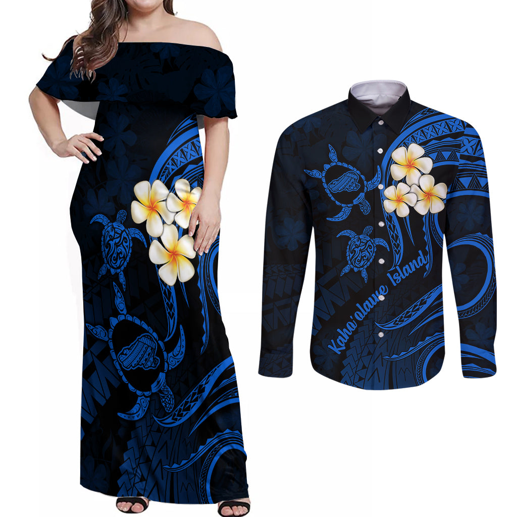 Hawaii Couples Off Shoulder Maxi Dress and Long Sleeve Button Shirts Kahoolawe Islands Polynesian Sunset Plumeria LT9 Blue - Polynesian Pride