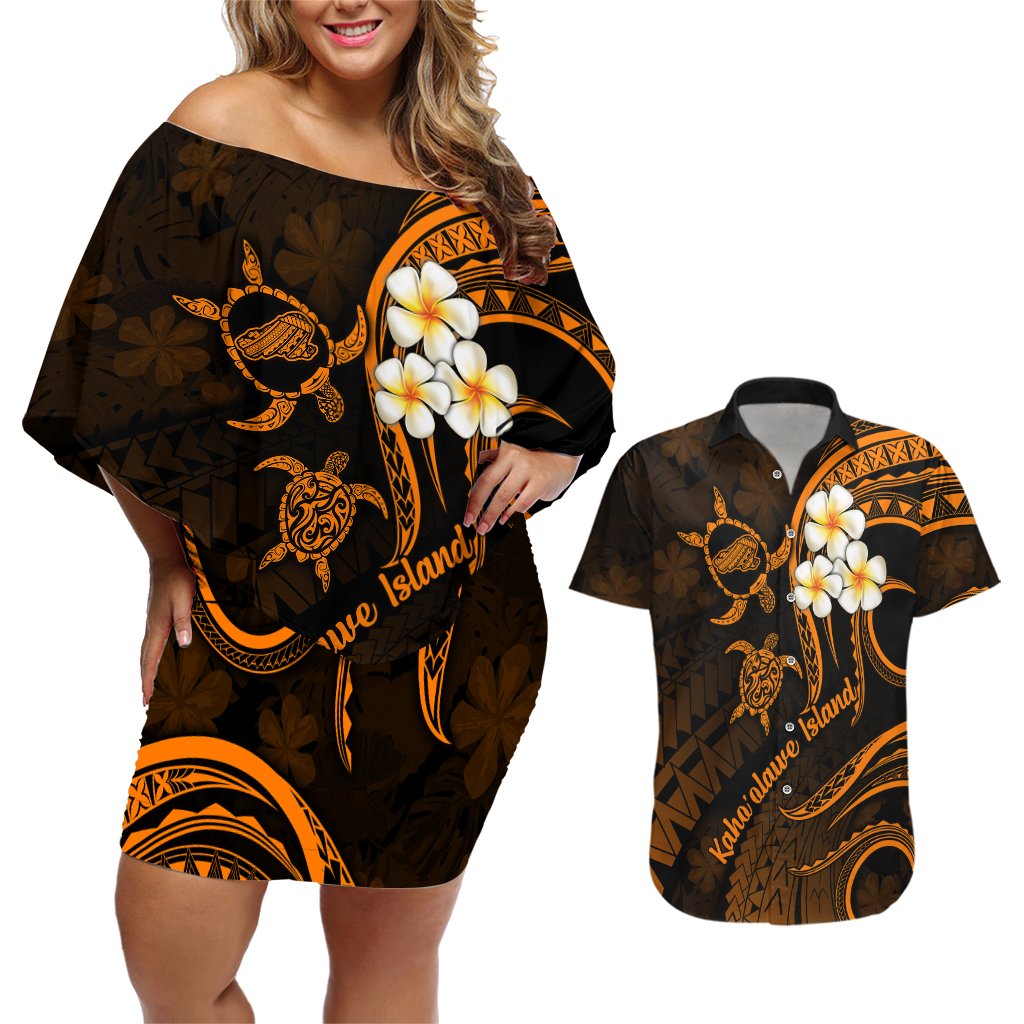 Hawaii Couples Off Shoulder Short Dress and Hawaiian Shirt Kahoolawe Islands Polynesian Sunset Plumeria Gold Vibe LT9 Gold - Polynesian Pride