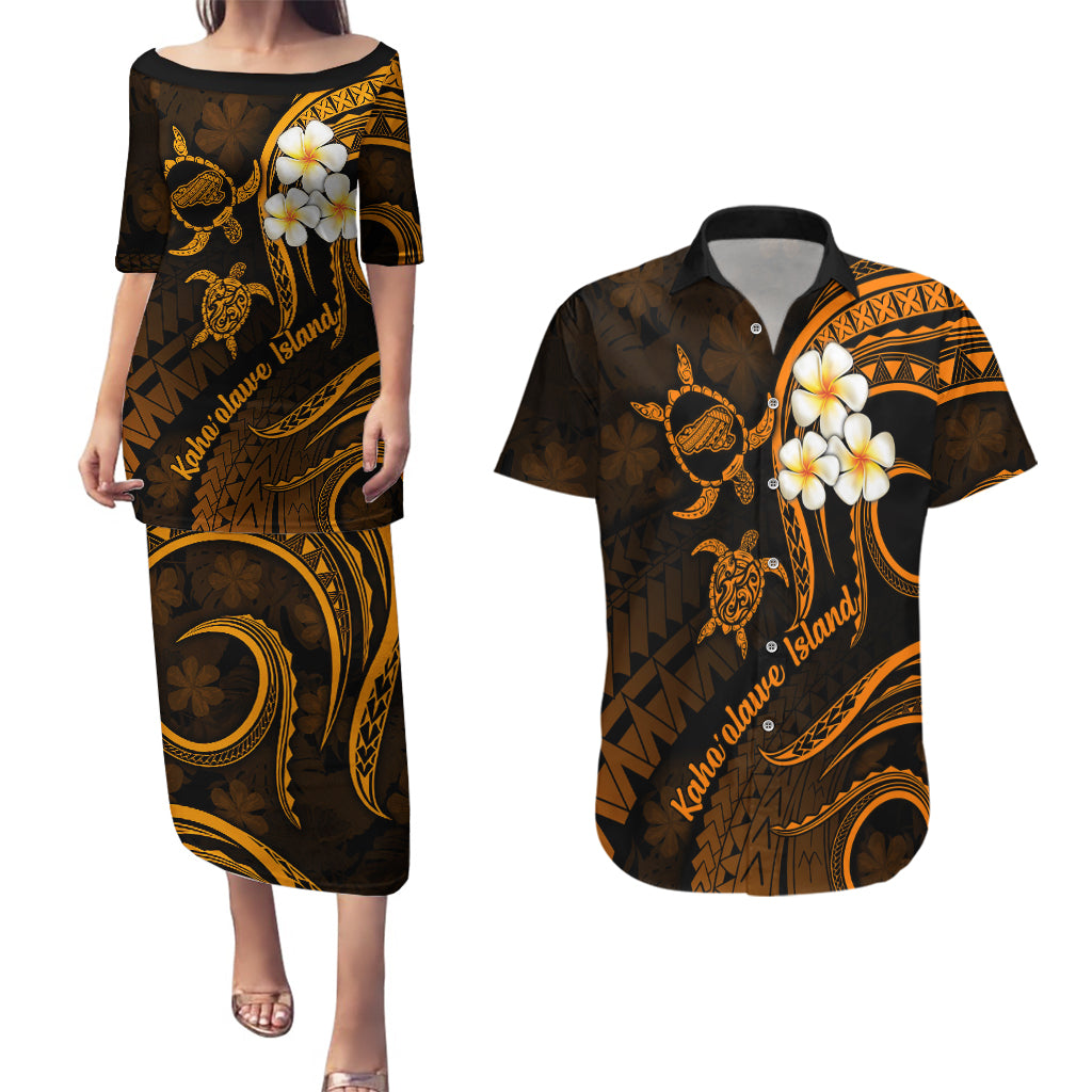 Hawaii Couples Puletasi Dress and Hawaiian Shirt Kahoolawe Islands Polynesian Sunset Plumeria Gold Vibe LT9 Gold - Polynesian Pride
