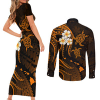 Hawaii Couples Short Sleeve Bodycon Dress and Long Sleeve Button Shirts Kahoolawe Islands Polynesian Sunset Plumeria Gold Vibe LT9 - Polynesian Pride