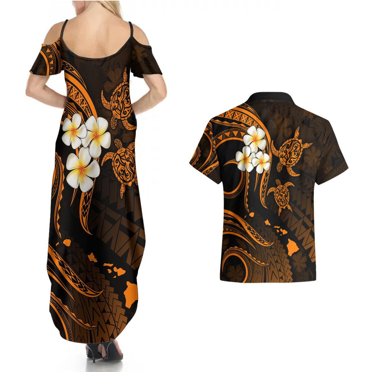 Hawaii Couples Summer Maxi Dress and Hawaiian Shirt Kahoolawe Islands Polynesian Sunset Plumeria Gold Vibe LT9 - Polynesian Pride