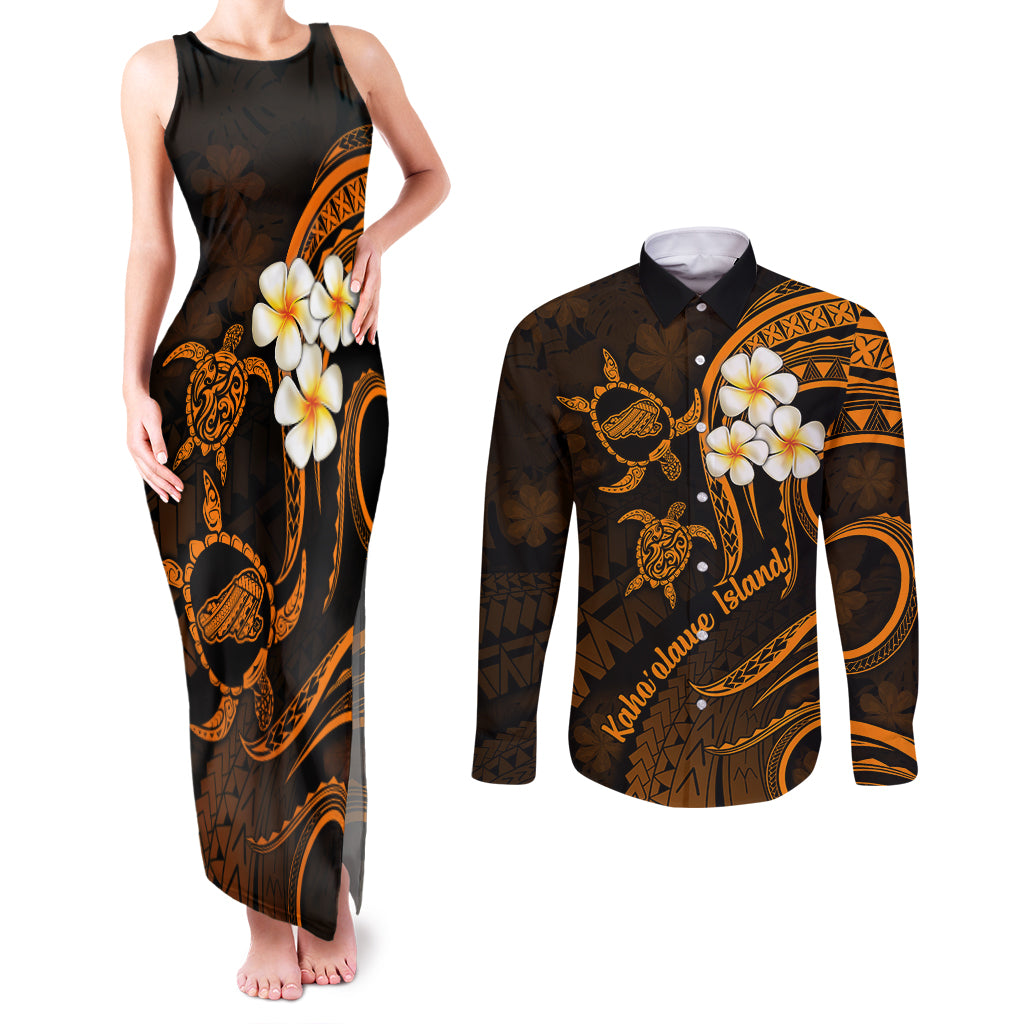 Hawaii Couples Matching Tank Maxi Dress and Long Sleeve Button Shirts Kahoolawe Islands Polynesian Sunset Plumeria Gold Vibe LT9 Gold - Polynesian Pride
