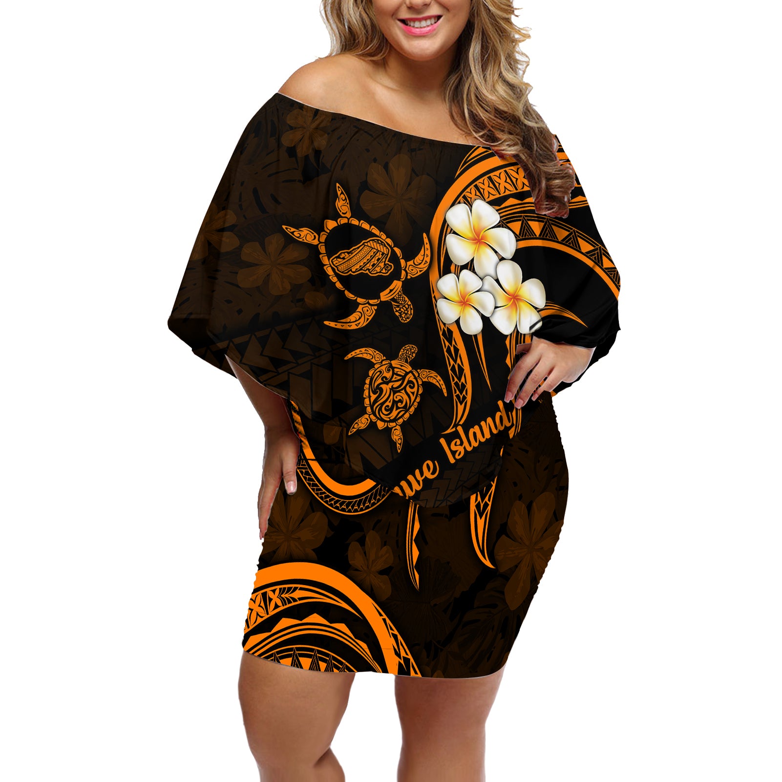 Hawaii Off Shoulder Short Dress Kahoolawe Islands Polynesian Sunset Plumeria Gold Vibe LT9 Women Gold - Polynesian Pride