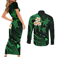 Hawaii Couples Short Sleeve Bodycon Dress and Long Sleeve Button Shirts Kahoolawe Islands Polynesian Sunset Plumeria Green Vibe LT9 - Polynesian Pride