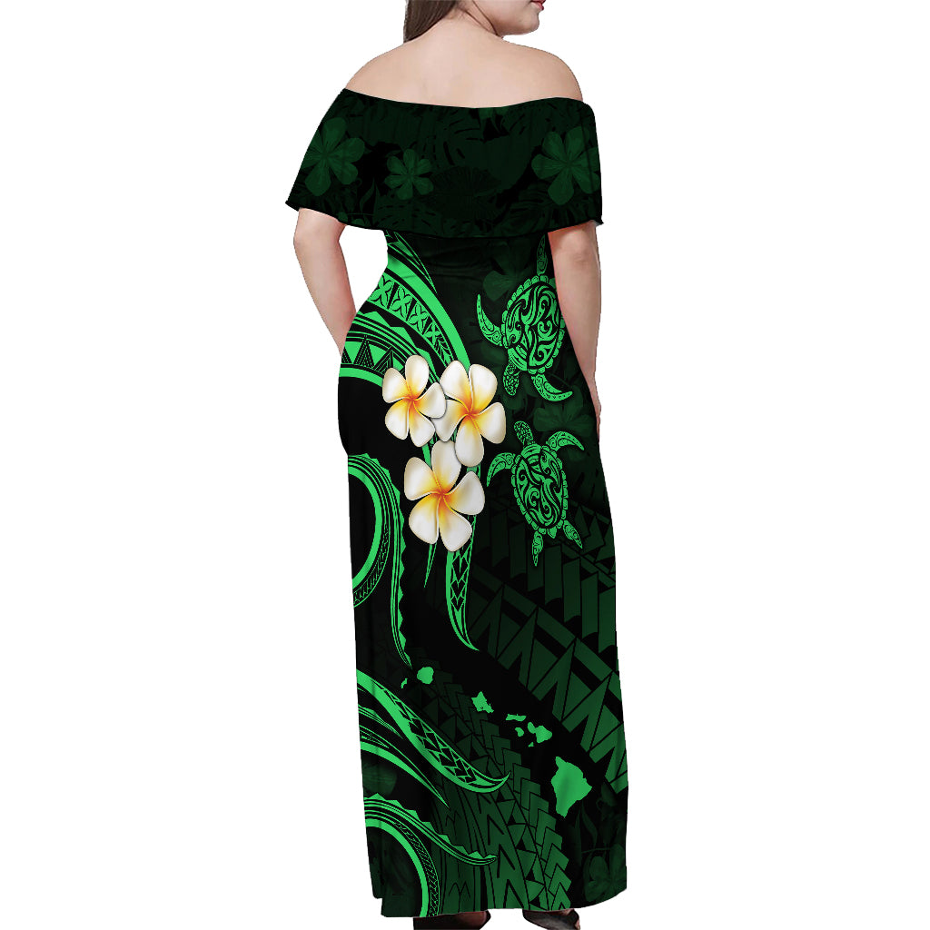Hawaii Off Shoulder Maxi Dress Kahoolawe Islands Polynesian Sunset Plumeria Green Vibe LT9 - Polynesian Pride