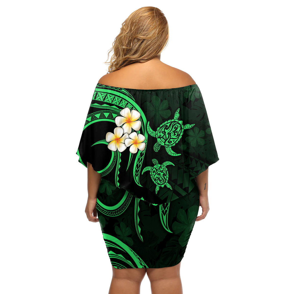Hawaii Off Shoulder Short Dress Kahoolawe Islands Polynesian Sunset Plumeria Green Vibe LT9 - Polynesian Pride