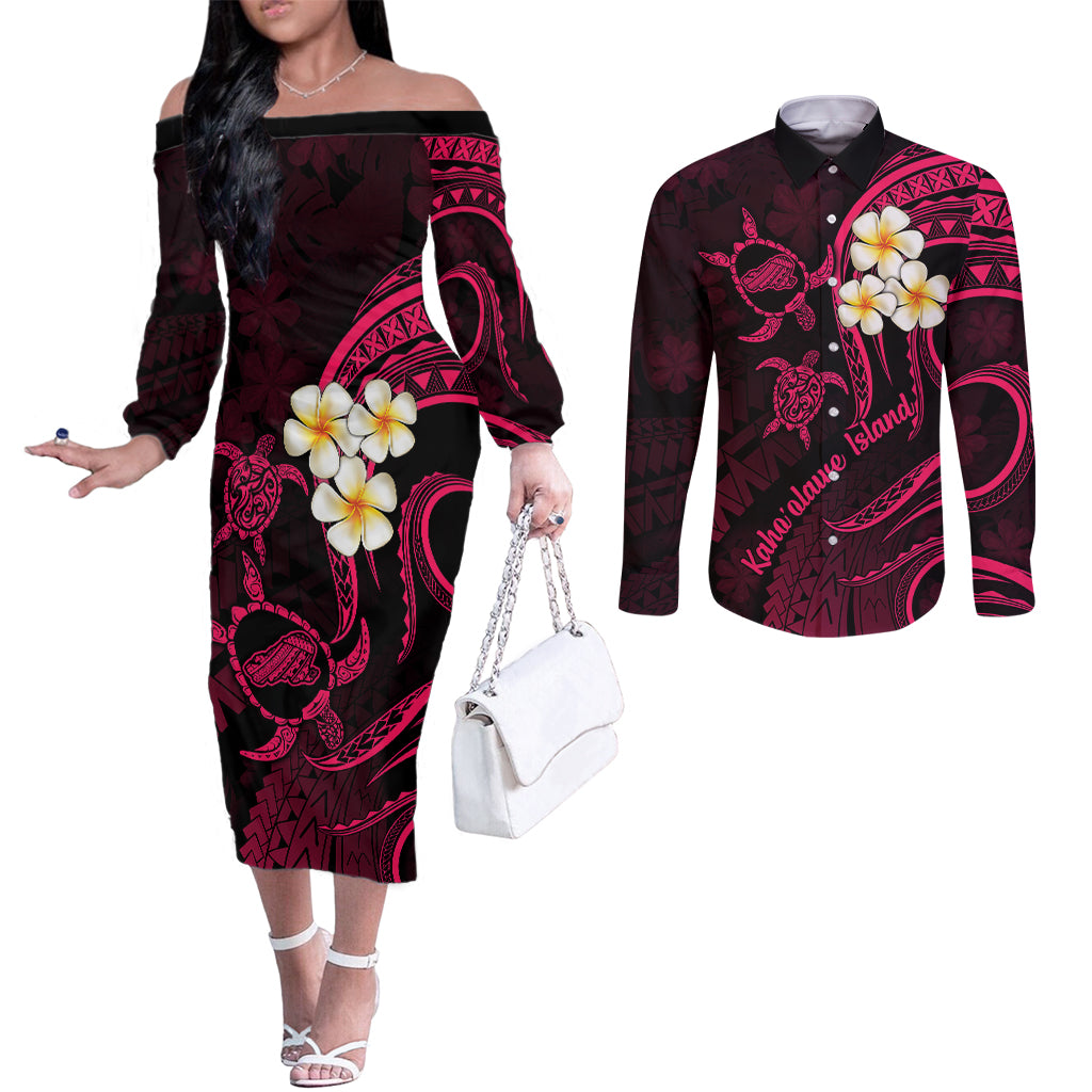 Hawaii Couples Off The Shoulder Long Sleeve Dress and Long Sleeve Button Shirts Kahoolawe Islands Polynesian Sunset Plumeria Pink Vibe LT9 Pink - Polynesian Pride