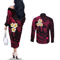 Hawaii Couples Off The Shoulder Long Sleeve Dress and Long Sleeve Button Shirts Kahoolawe Islands Polynesian Sunset Plumeria Pink Vibe LT9 - Polynesian Pride