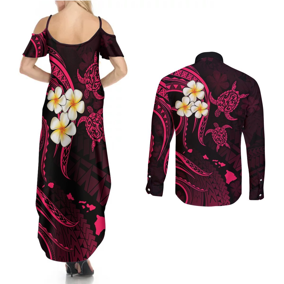 Hawaii Couples Summer Maxi Dress and Long Sleeve Button Shirts Kahoolawe Islands Polynesian Sunset Plumeria Pink Vibe LT9 - Polynesian Pride