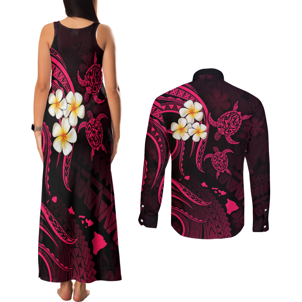 Hawaii Couples Matching Tank Maxi Dress and Long Sleeve Button Shirts Kahoolawe Islands Polynesian Sunset Plumeria Pink Vibe LT9 - Polynesian Pride