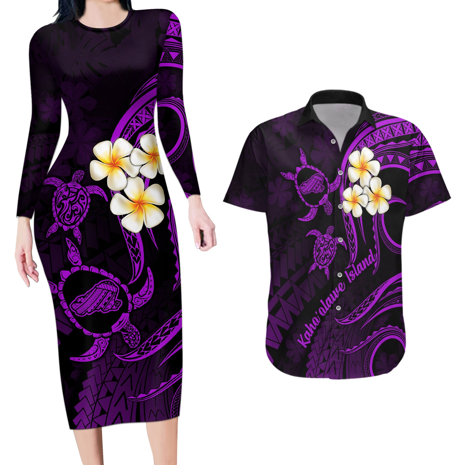 Polynesian Hawaii Couples Long Sleeve Bodycon Dress and Hawaiian Shirt Kahoolawe Islands with Pacific Plumeria Purple Vibe LT9 Purple - Polynesian Pride