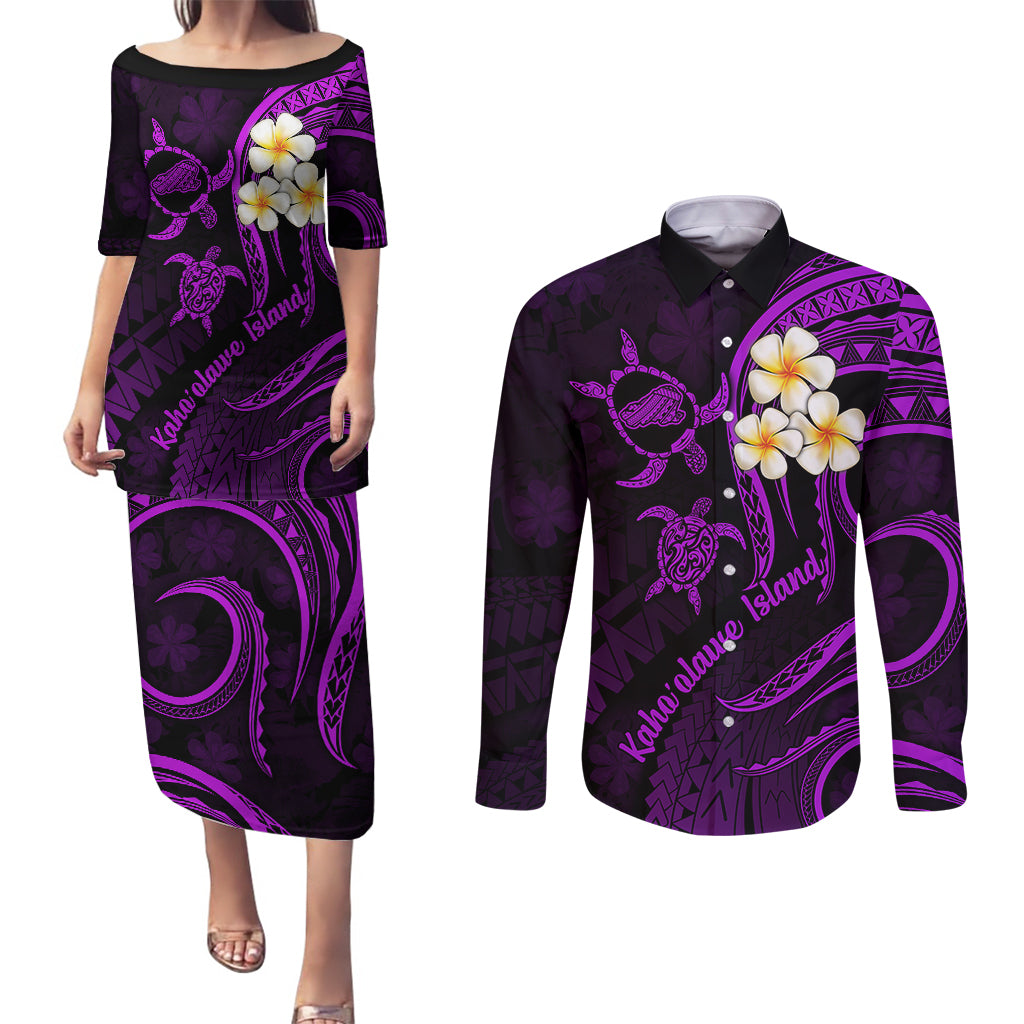 Polynesian Hawaii Couples Puletasi Dress and Long Sleeve Button Shirts Kahoolawe Islands with Pacific Plumeria Purple Vibe LT9 Purple - Polynesian Pride