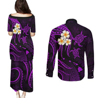 Polynesian Hawaii Couples Puletasi Dress and Long Sleeve Button Shirts Kahoolawe Islands with Pacific Plumeria Purple Vibe LT9 - Polynesian Pride
