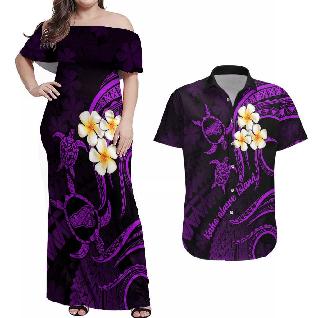 Polynesian Hawaii Couples Off Shoulder Maxi Dress and Hawaiian Shirt Kahoolawe Islands with Pacific Plumeria Purple Vibe LT9 Purple - Polynesian Pride