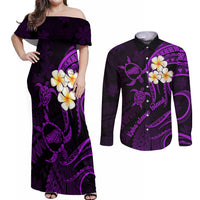 Polynesian Hawaii Couples Off Shoulder Maxi Dress and Long Sleeve Button Shirts Kahoolawe Islands with Pacific Plumeria Purple Vibe LT9 Purple - Polynesian Pride