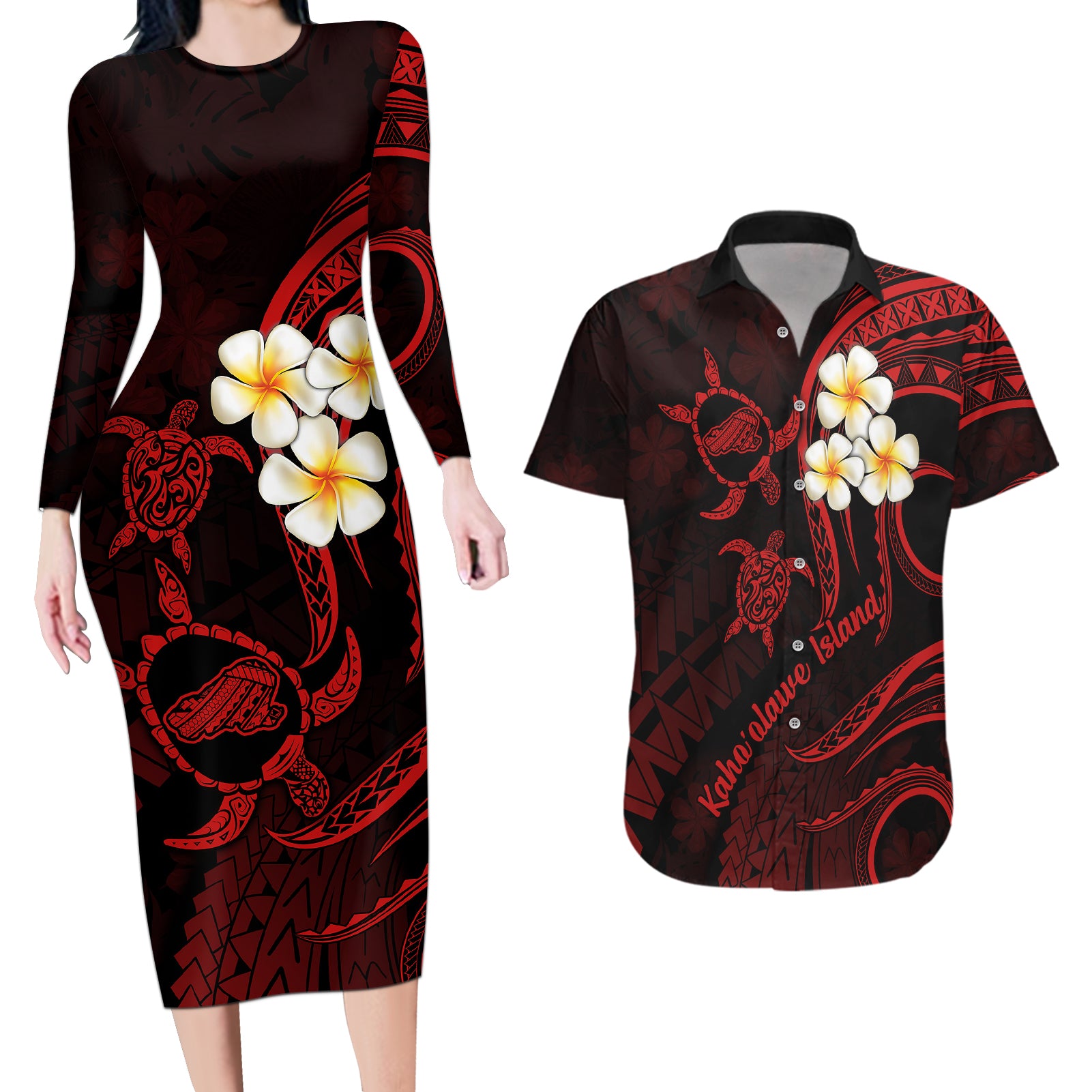 Polynesian Hawaii Couples Long Sleeve Bodycon Dress and Hawaiian Shirt Kahoolawe Islands with Pacific Plumeria Red Vibe LT9 Red - Polynesian Pride