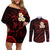 Polynesian Hawaii Couples Off Shoulder Short Dress and Long Sleeve Button Shirts Kahoolawe Islands with Pacific Plumeria Red Vibe LT9 Red - Polynesian Pride