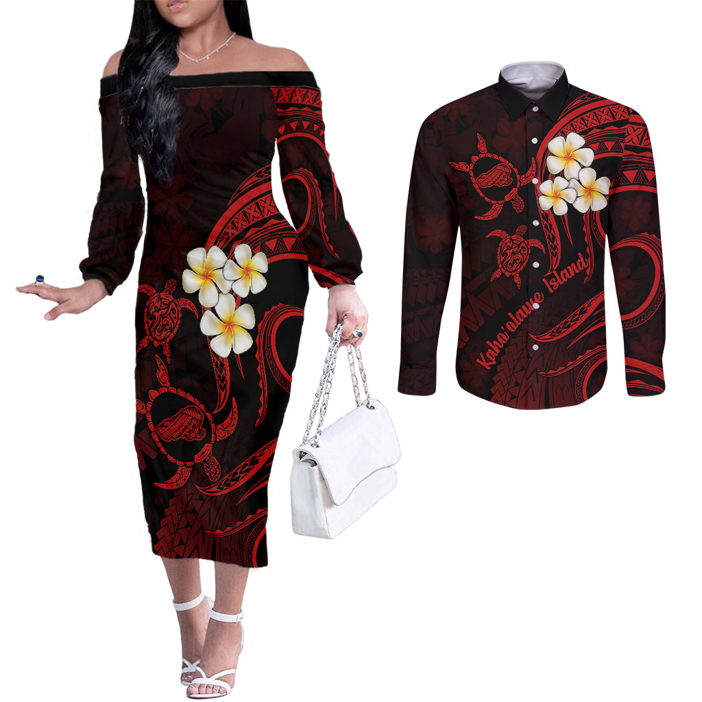 Polynesian Hawaii Couples Off The Shoulder Long Sleeve Dress and Long Sleeve Button Shirts Kahoolawe Islands with Pacific Plumeria Red Vibe LT9 Red - Polynesian Pride