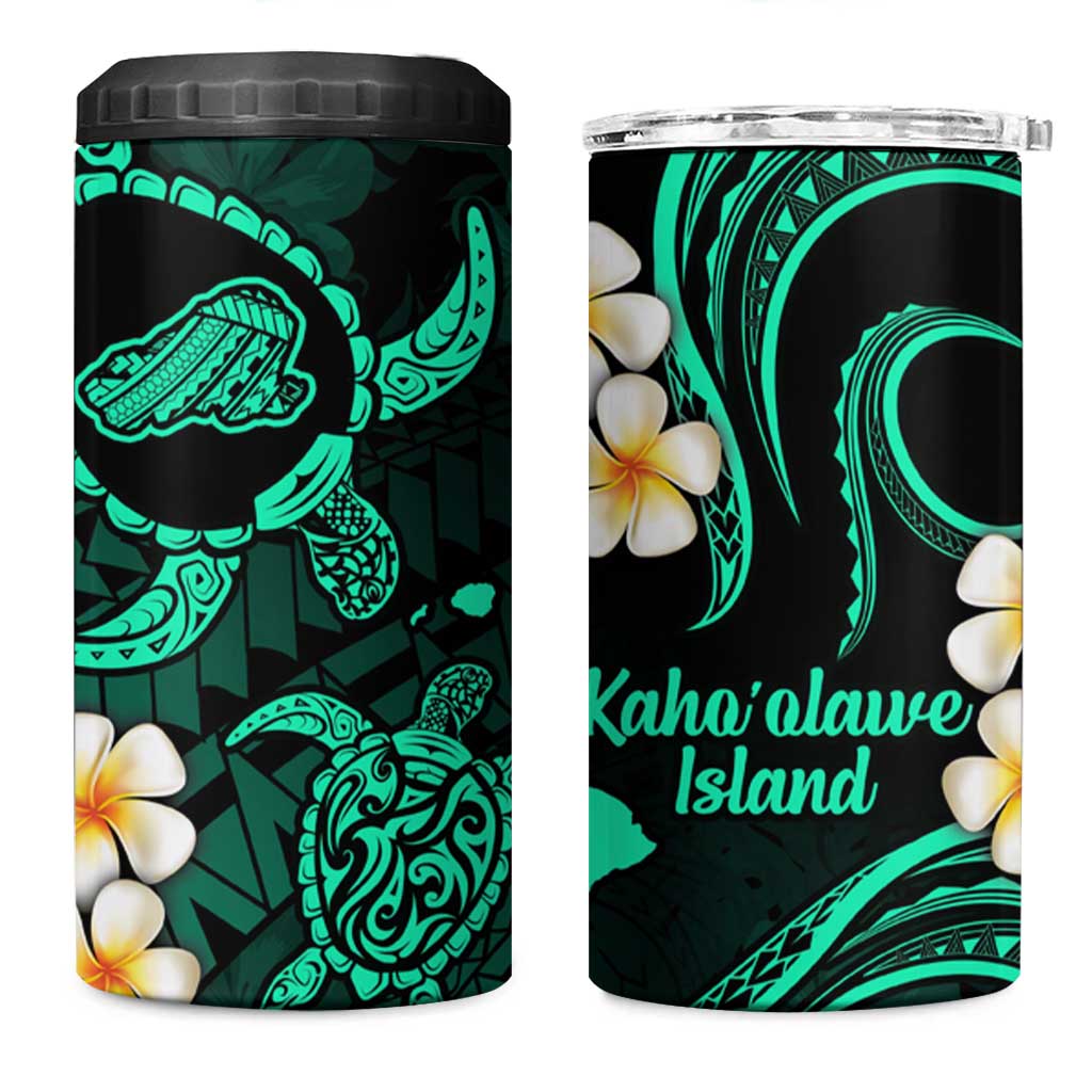 Hawaii Kahoolawe Islands Pacific Plumeria 4 in 1 Can Cooler Tumbler Turquoise Polynesian Tattoo