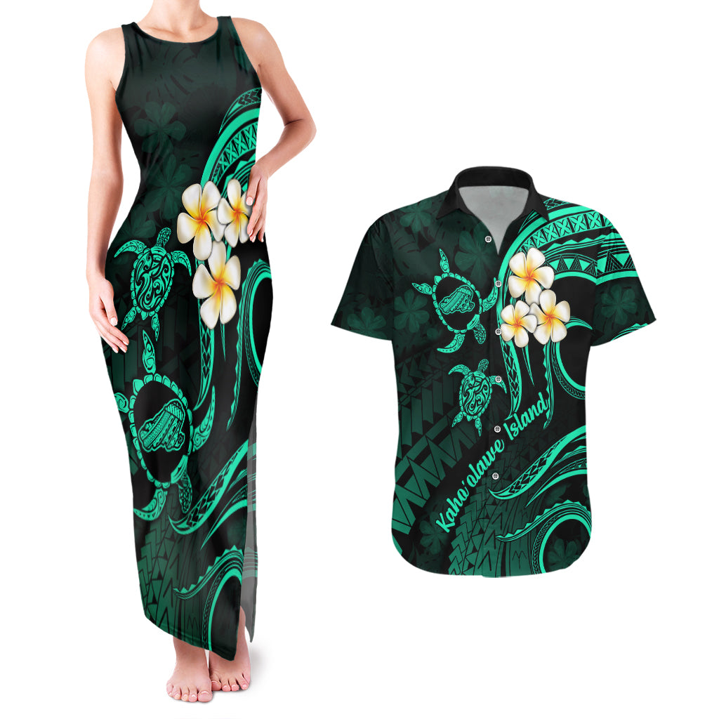Polynesian Hawaii Couples Matching Tank Maxi Dress And Hawaiian Shirt Kahoolawe Islands with Pacific Plumeria Turquoise Vibe LT9 Turquoise - Polynesian Pride