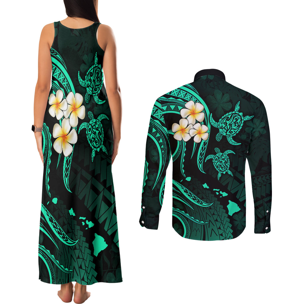 Polynesian Hawaii Couples Matching Tank Maxi Dress and Long Sleeve Button Shirts Kahoolawe Islands with Pacific Plumeria Turquoise Vibe LT9 - Polynesian Pride