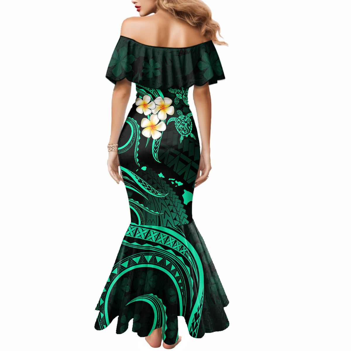 Polynesian Hawaii Mermaid Dress Kahoolawe Islands with Pacific Plumeria Turquoise Vibe LT9 - Polynesian Pride