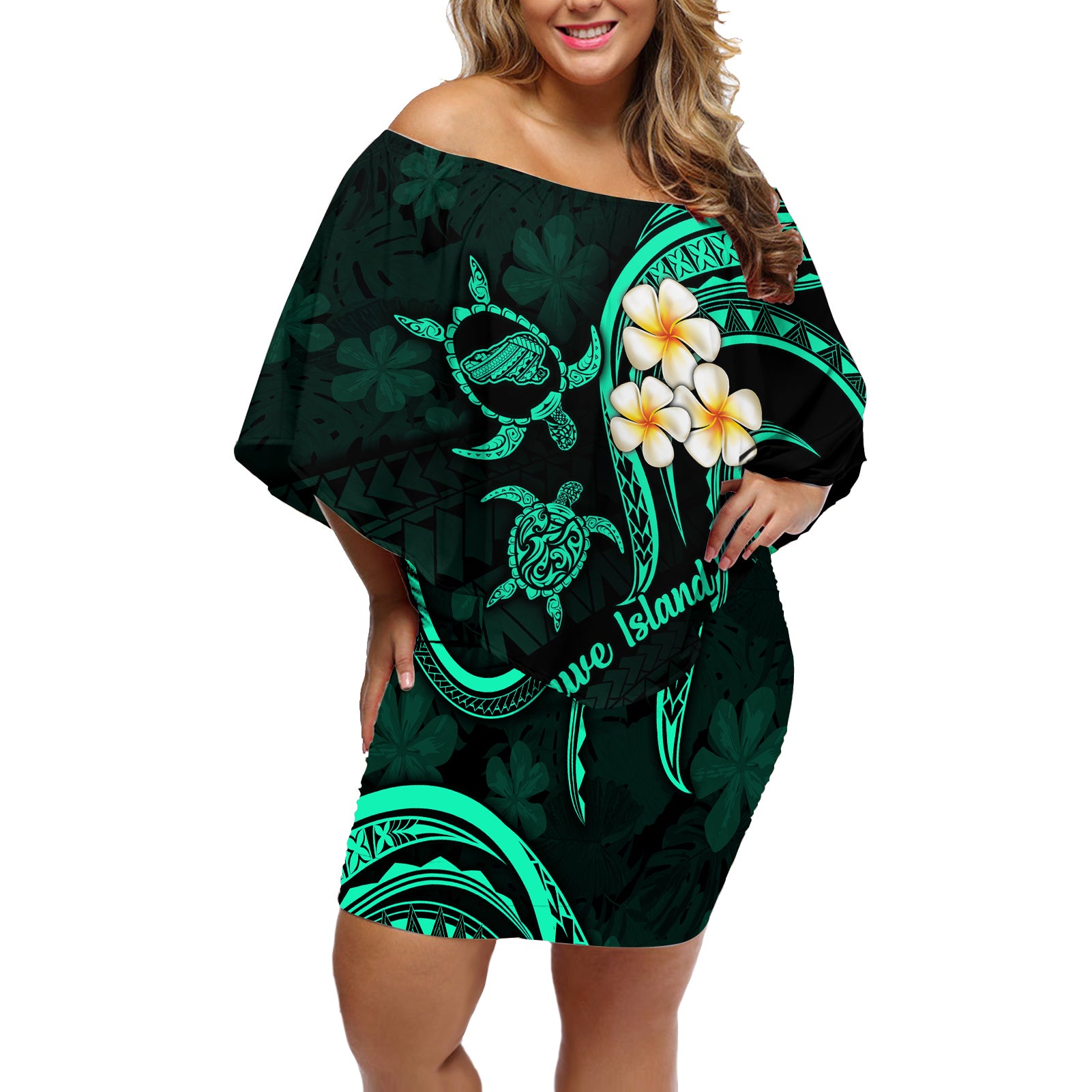 Polynesian Hawaii Off Shoulder Short Dress Kahoolawe Islands with Pacific Plumeria Turquoise Vibe LT9 Women Turquoise - Polynesian Pride