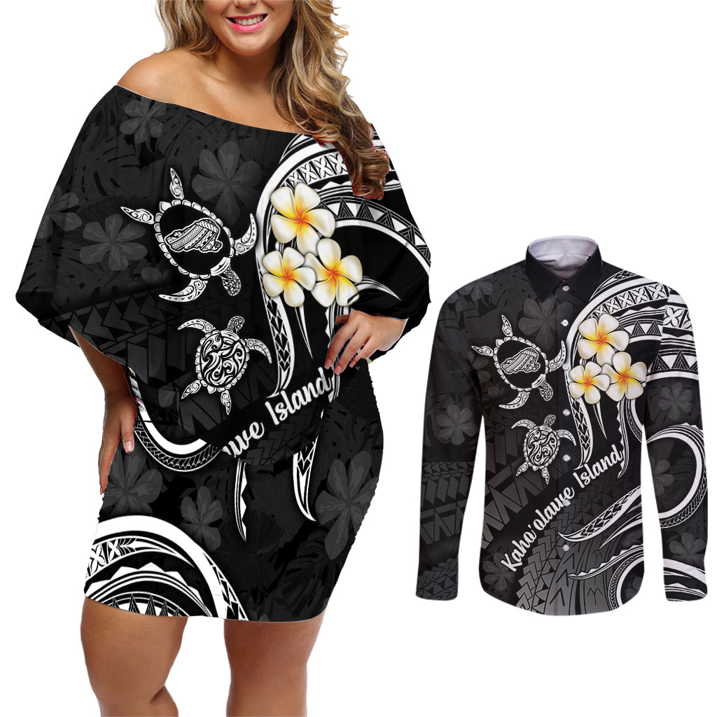 Polynesian Hawaii Couples Off Shoulder Short Dress and Long Sleeve Button Shirts Kahoolawe Islands with Pacific Plumeria White Vibe LT9 White - Polynesian Pride