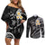 Polynesian Hawaii Couples Off Shoulder Short Dress and Long Sleeve Button Shirts Kahoolawe Islands with Pacific Plumeria White Vibe LT9 White - Polynesian Pride