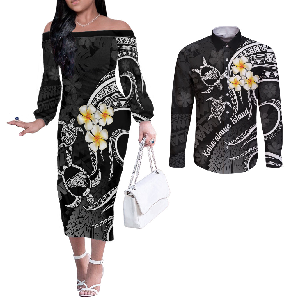 Polynesian Hawaii Couples Off The Shoulder Long Sleeve Dress and Long Sleeve Button Shirts Kahoolawe Islands with Pacific Plumeria White Vibe LT9 White - Polynesian Pride
