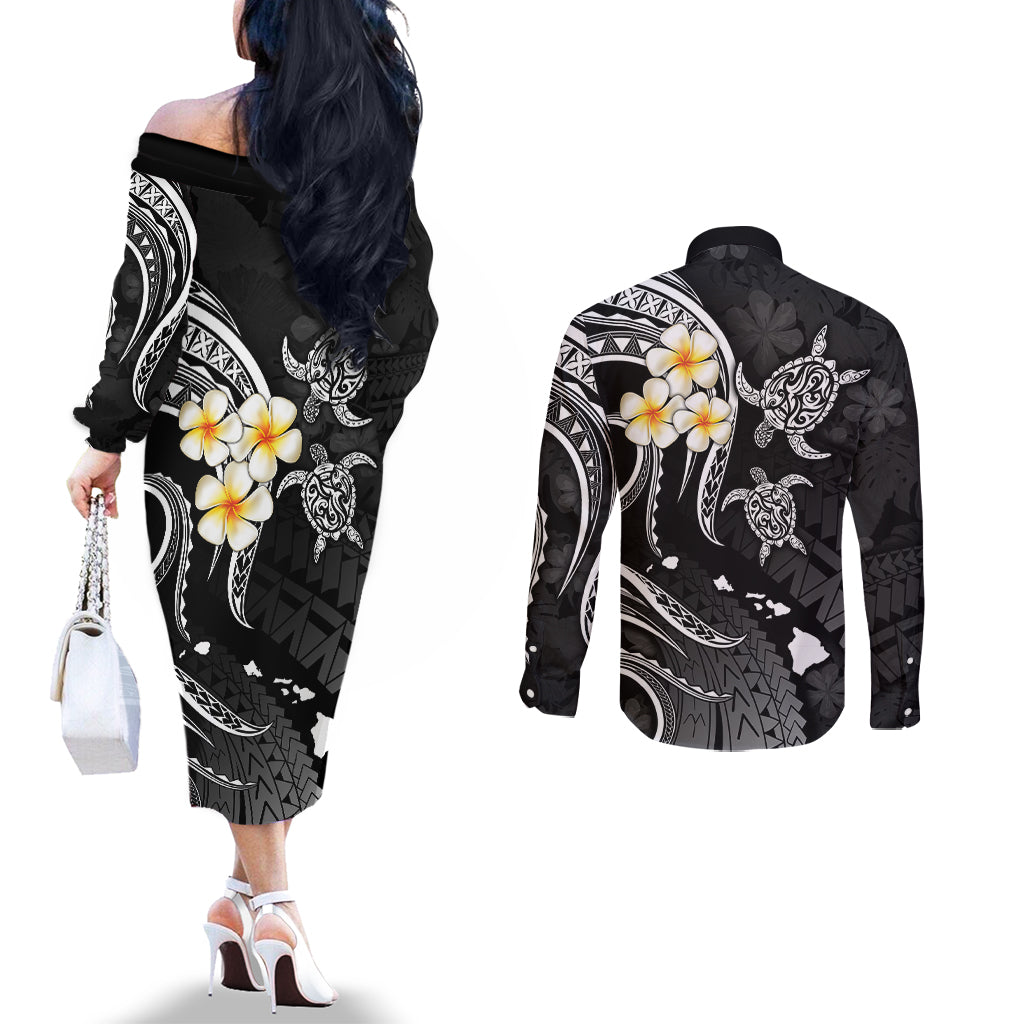 Polynesian Hawaii Couples Off The Shoulder Long Sleeve Dress and Long Sleeve Button Shirts Kahoolawe Islands with Pacific Plumeria White Vibe LT9 - Polynesian Pride