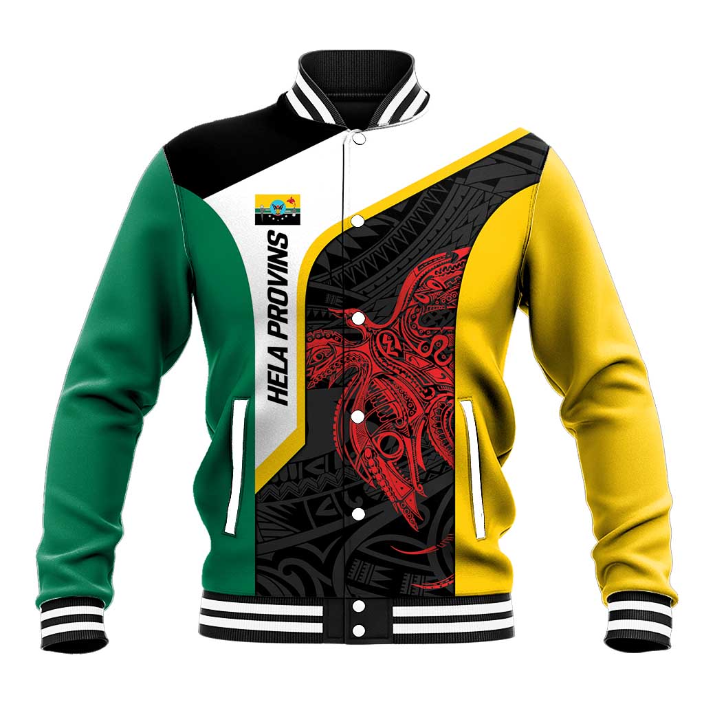 Personalised PNG Hela Province Baseball Jacket Bird of Paradise Tattoo Flag Motif - Polynesian Pride