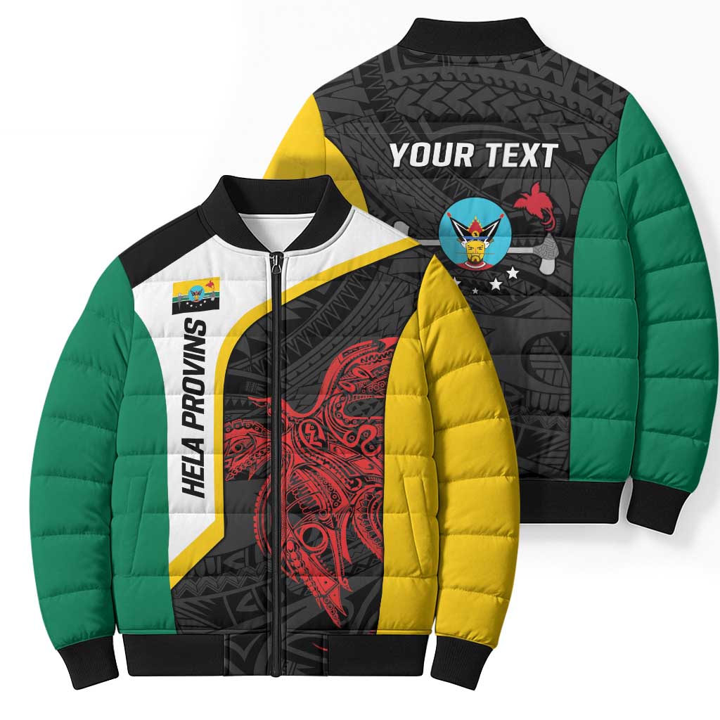 Personalised PNG Hela Province Bomber Puffer Jacket Bird of Paradise Tattoo Flag Motif - Polynesian Pride