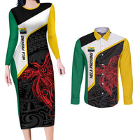 Personalised PNG Hela Province Couples Matching Long Sleeve Bodycon Dress and Long Sleeve Button Shirt Bird of Paradise Tattoo Flag Motif - Polynesian Pride