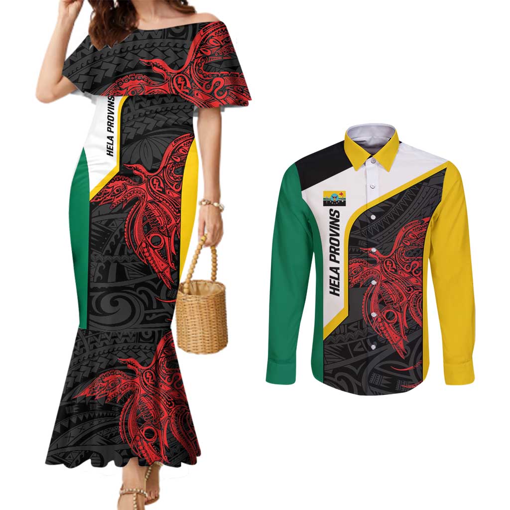 Personalised PNG Hela Province Couples Matching Mermaid Dress and Long Sleeve Button Shirt Bird of Paradise Tattoo Flag Motif - Polynesian Pride