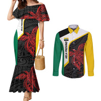 Personalised PNG Hela Province Couples Matching Mermaid Dress and Long Sleeve Button Shirt Bird of Paradise Tattoo Flag Motif - Polynesian Pride