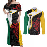 Personalised PNG Hela Province Couples Matching Off Shoulder Maxi Dress and Long Sleeve Button Shirt Bird of Paradise Tattoo Flag Motif - Polynesian Pride